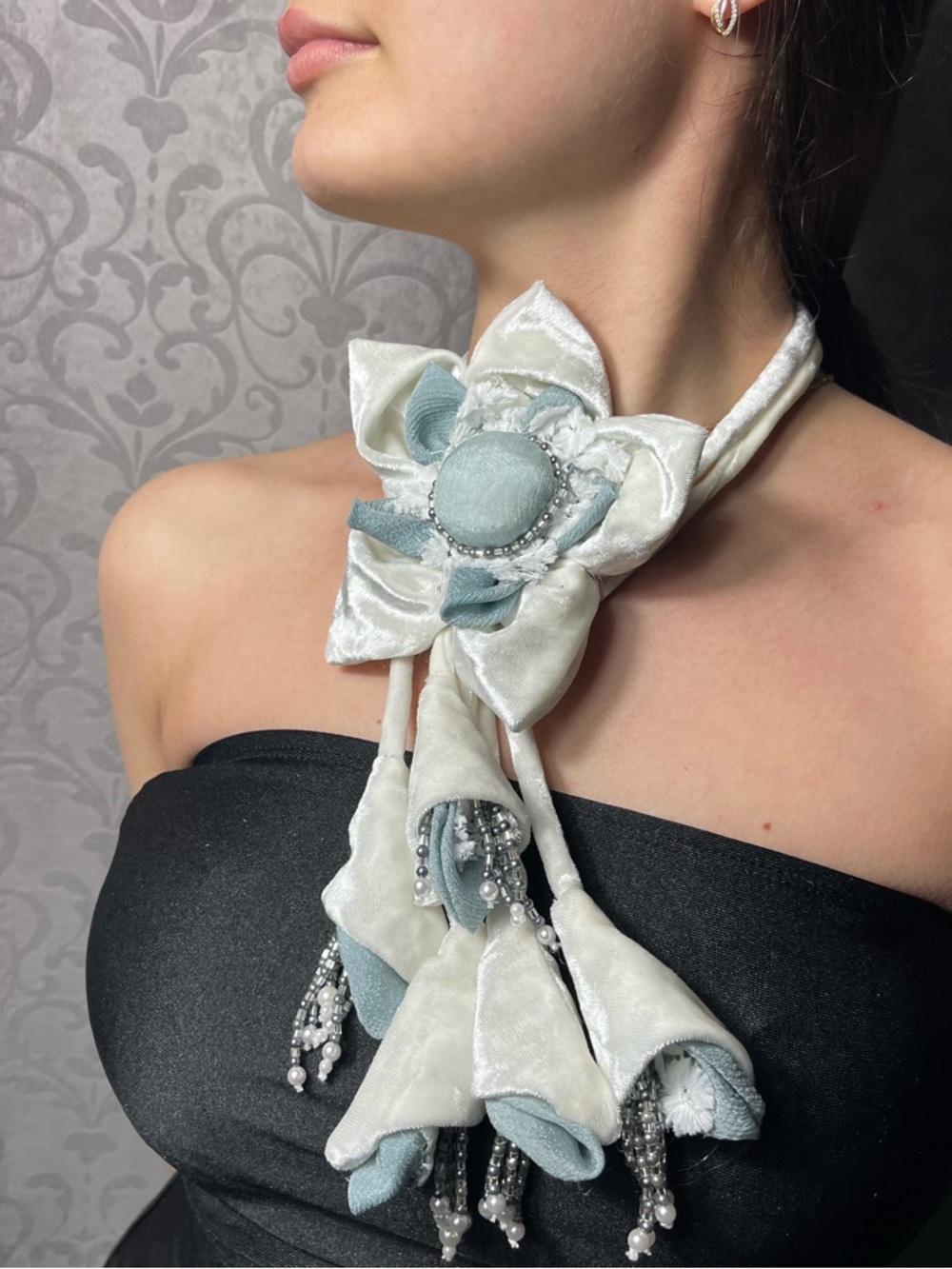 Handmade Velvet Floral Choker Necklace - Blue/White Large Flower Beaded Tassel